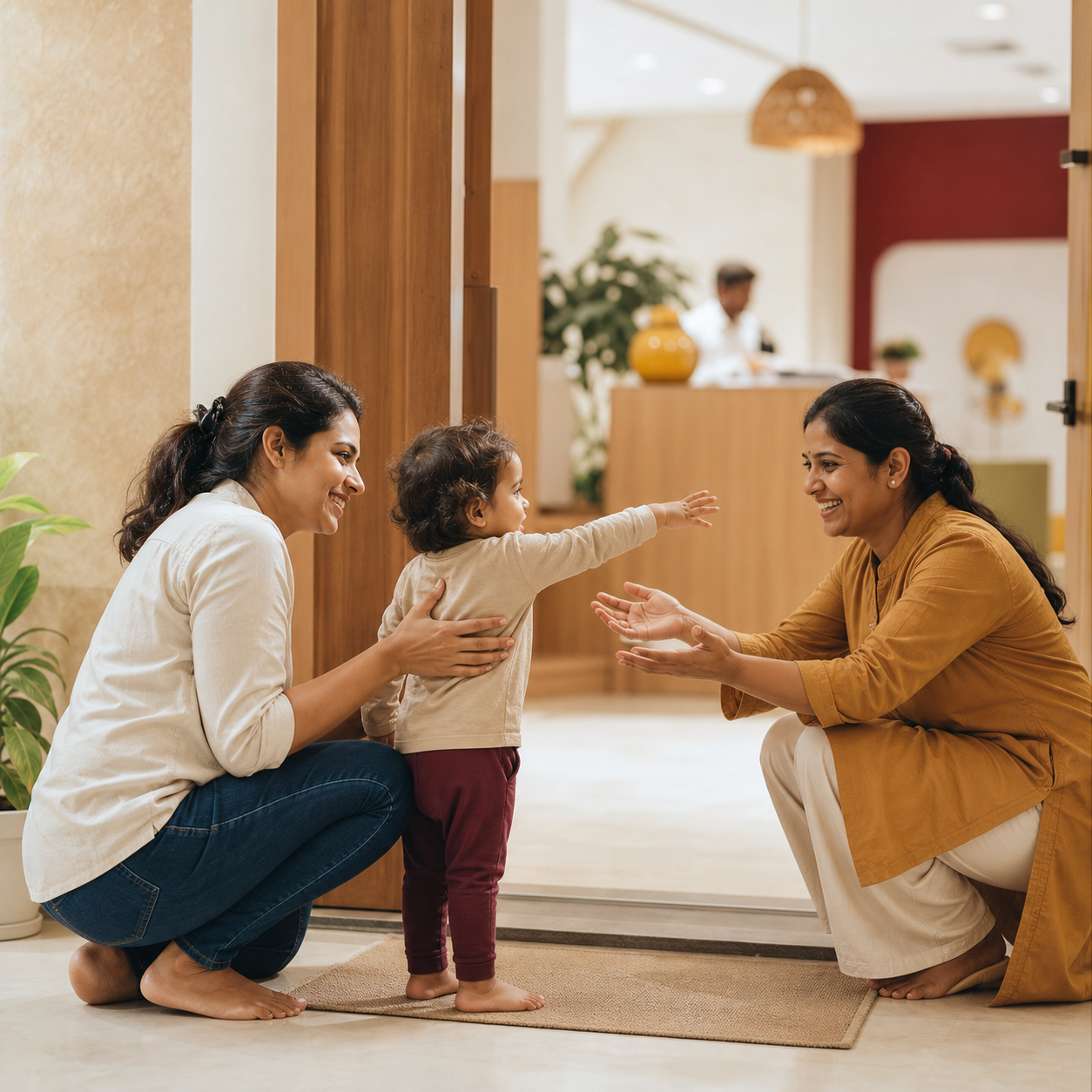 A parent and child being welcomed by a Nayo caregiver